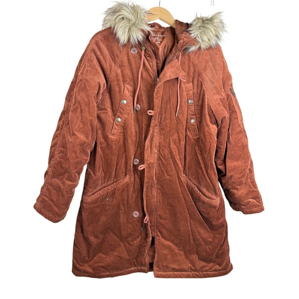 American Eagle Parka Coat Women's Size Large Corduroy Brown Fur Hood